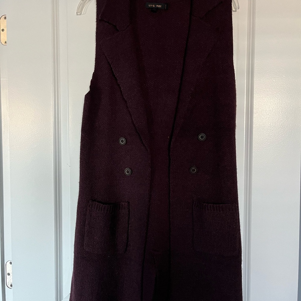 Love Tree Burgundy long sweater vest with Plunging V-Neck and Fitted Waist